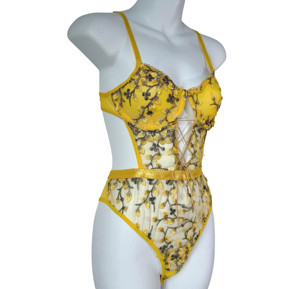 Embroidered Lace Up Mesh Bodysuit Women Large Yellow Floral Teddy Sexy Boudoir